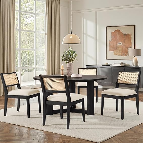 Rattan Dining Chairs with Cushioned Seat & Solid Wood Frame