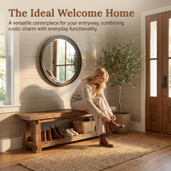 55" Solid Wood Entryway Bench with Shoe Storage