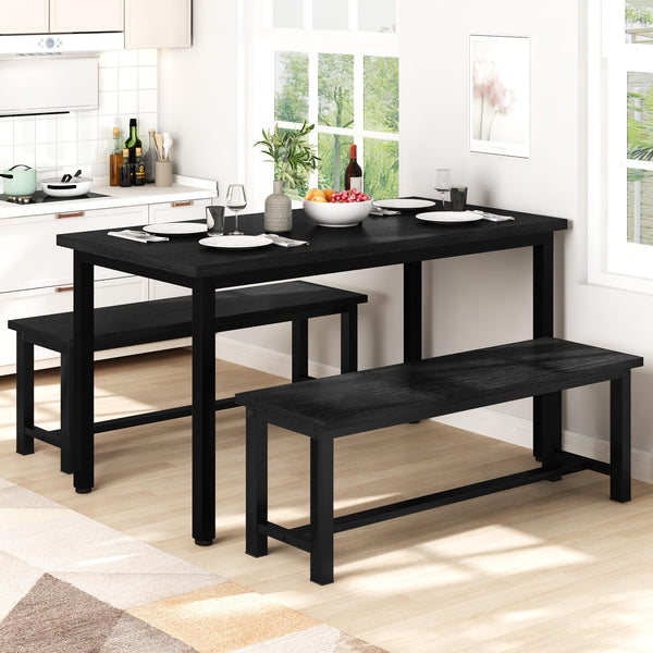 Industrial Dining Bench Set of 2 with Steel Frame and Wood Seat