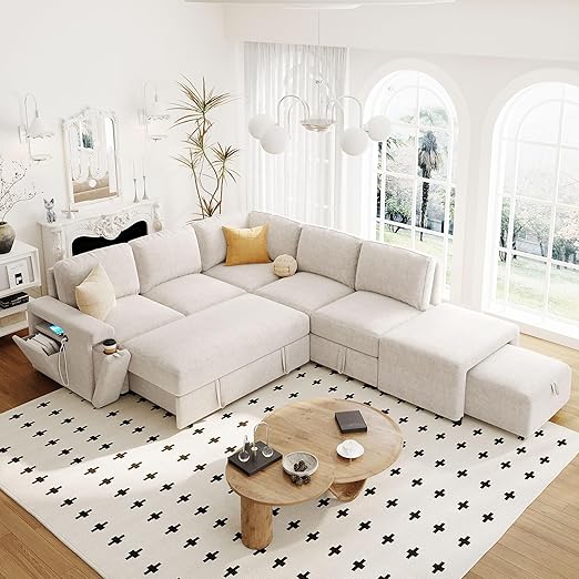 L-Shaped Modular Sectional Sofa with Storage Ottoman, USB Ports & Cup Holder