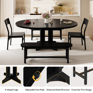 5-Piece Extendable Round Dining Table Set with Chairs and Benches