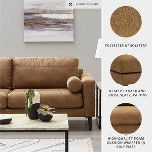 Faux Leather Sofa with Bolster Pillows & Wood Accent Legs, Dark Brown