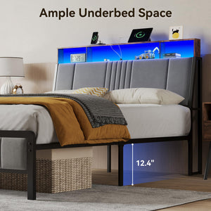 Upholstered Platform Bed Frame with LED Lights, Storage Headboard & Charging Station