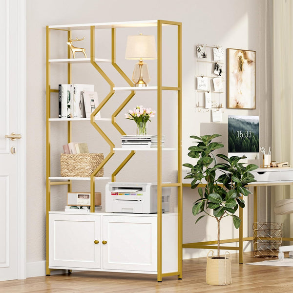 6-Tier Geometric Bookshelf with Storage Cabinet