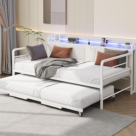 Twin Daybed with Pop-Up Trundle, RGB LED & Storage Headboard