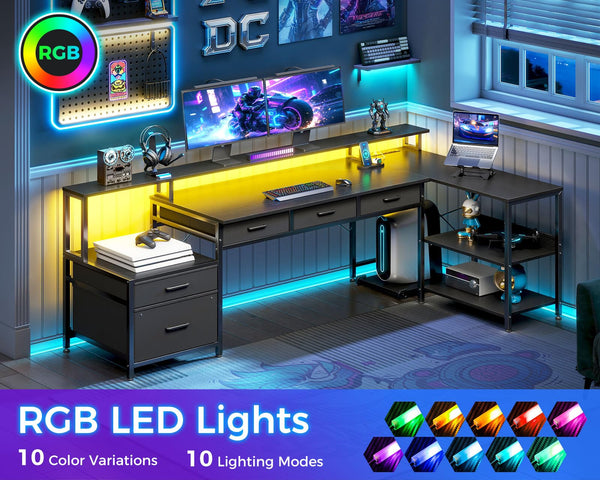 L-Shaped Gaming & Office Desk with Storage, LED Lighting & Power Outlet