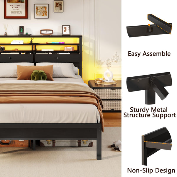 Full Size Platform Bed Frame with LED Lights, Charging Station & Storage Drawers