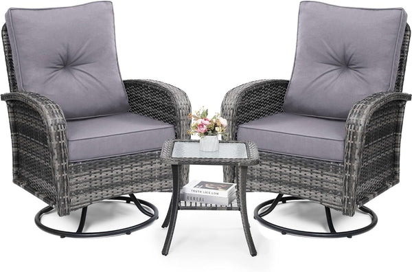 Outdoor Swivel Wicker Glider Patio Chair & Table Set with Cushions