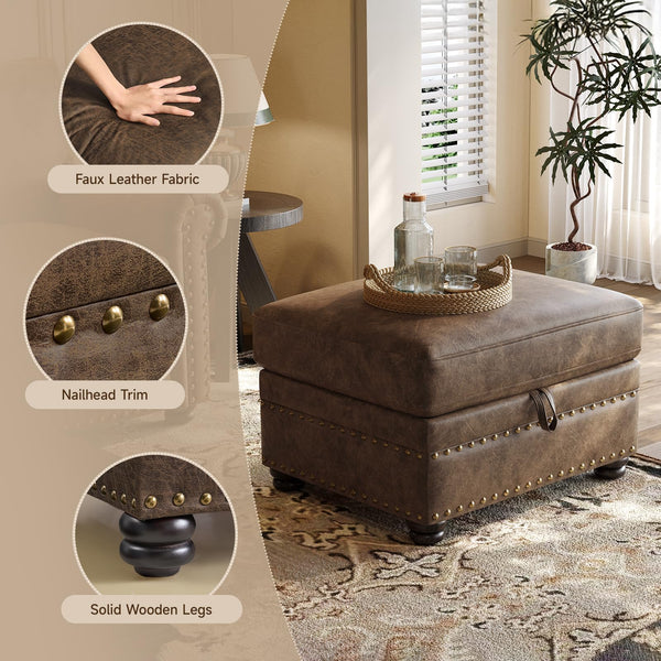 Brown Faux Leather Storage Ottoman with Nailhead Trim