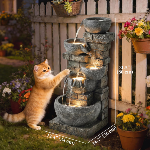 Outdoor Water Fountain with LED Lights – 5-Tier Cascading Waterfall, 31.5" Tall, Stone Gray