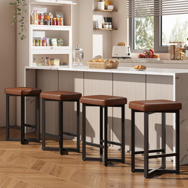 Counter Height Backless Bar Stools with PU Leather Seat & Metal Frame