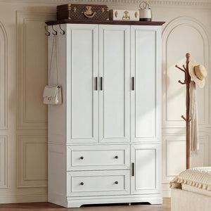 Armoire Wardrobe Closet with Drawers, Hanging Rod & Soft-Close Doors