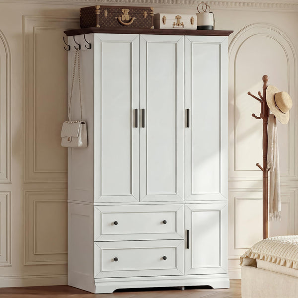 Armoire Wardrobe Closet with Drawers, Hanging Rod & Soft-Close Doors