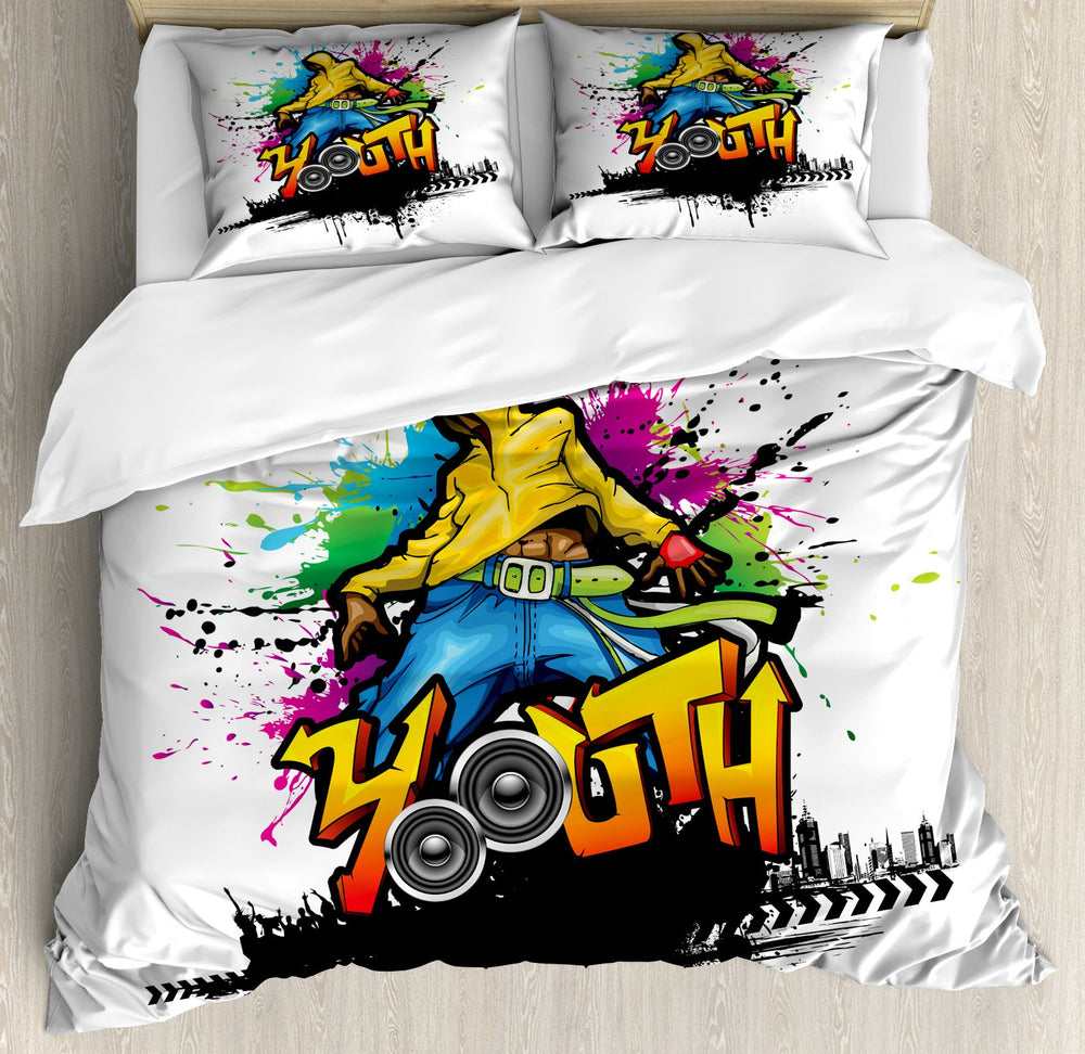 Queen Duvet Cover Set - Hip Hop Graffiti Art Print, 3-Piece Microfiber Bedding, Yellow Blue