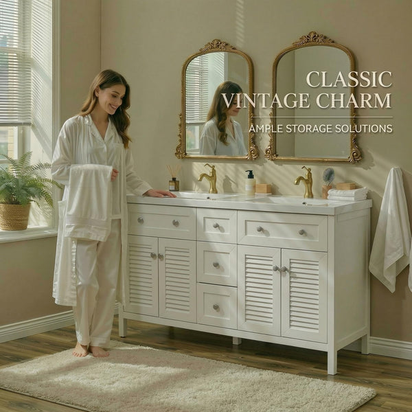 60" Double Sink Bathroom Vanity with Resin Basin & Shutter Doors