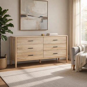 66-Inch Wide 6-Drawer Dresser – Natural Oak White Mango Wood