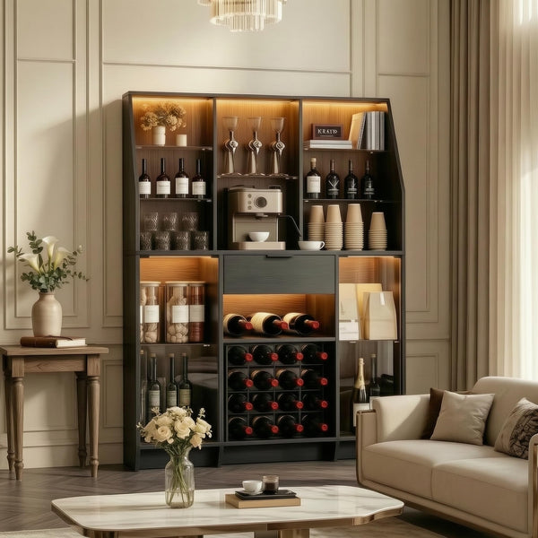Wine Bar Cabinet with LED Lights & Glass Doors