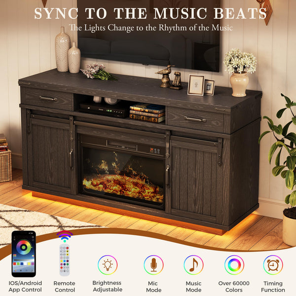 Farmhouse Fireplace TV Stand with LED Light & Sliding Barn Door