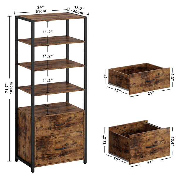 Industrial Bookcase with File Cabinet Drawers, 5-Tier, 71.6"