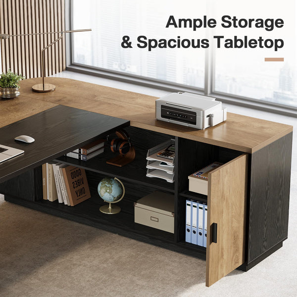 L-Shaped Executive Desk with Cabinet and Storage Shelves