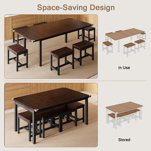 Extendable Dining Table Set with 6 Stools, Metal Frame & MDF, 63"