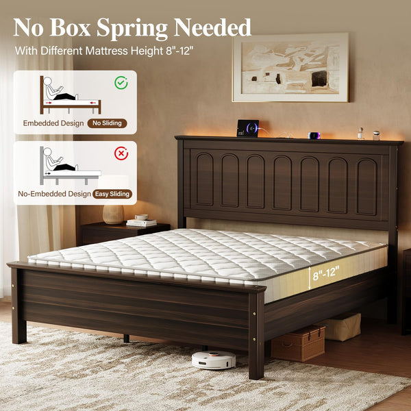 Queen Bed Frame with Headboard, LED Lights & Charging Ports
