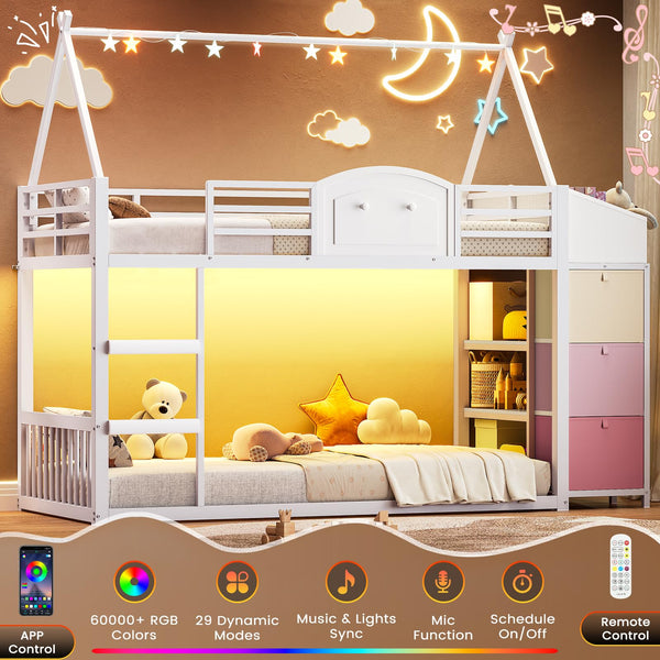 Twin Over Twin House Bunk Bed with Storage Drawers, LED Lights & Stairs