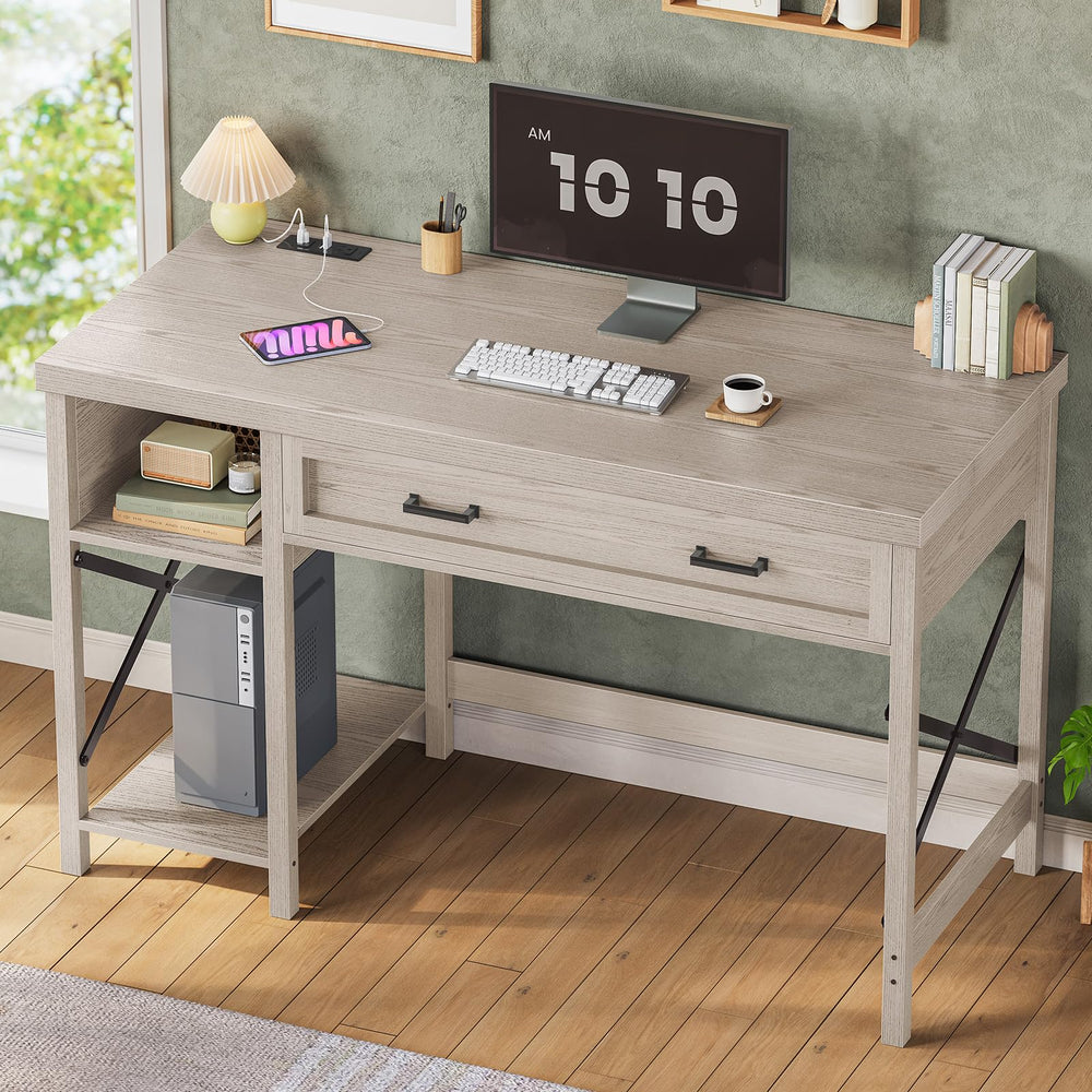 SEDETA Farmhouse Small Desk with Drawers, 40" Computer Desk with Storage Shelves, Writing Desk for Small Space and Power Outlet, Desk for Bedroom, Home Office, Mahogany Grey