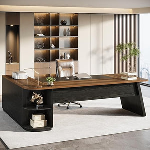 L-Shaped Executive Desk with Cabinet and Storage Shelves