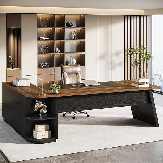 L-Shaped Executive Desk with Cabinet and Storage Shelves