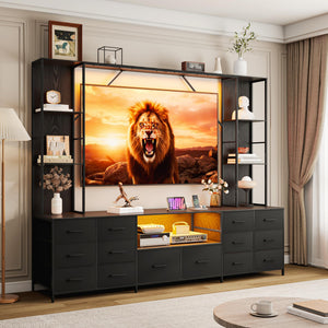 96" Wall Unit Entertainment Center with 14 Fabric Drawers, LED Lights & Power Outlets