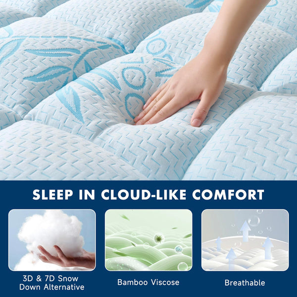 Queen Size Bamboo Mattress Topper | Breathable Pillow Top Pad | Deep Pocket 7–21"
