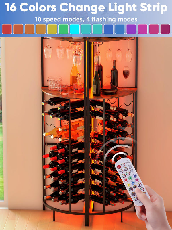 Corner Wine Rack with LED Strip Light & Glass Holder — 30 Bottle, 3-Tier, Brown