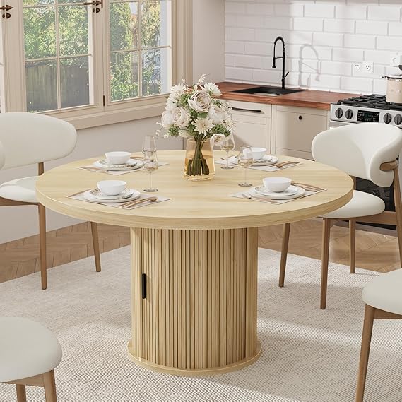 47 Inch Round Dining Table with Storage Shelf & Drawer — Seats 4 to 6