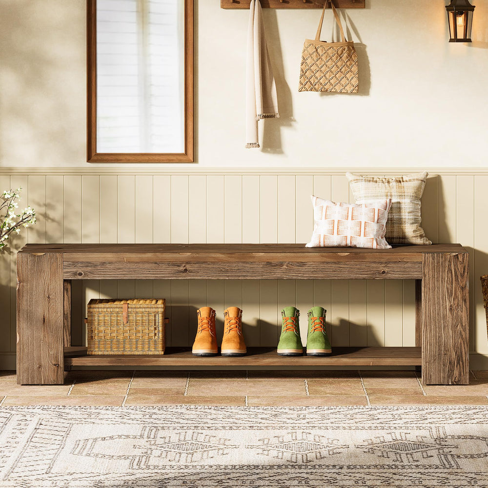 Solid Wood Entryway Bench with Storage Shelf, 55-Inch