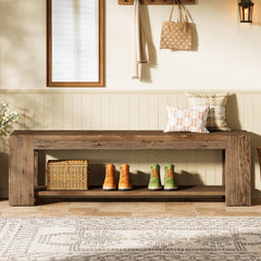 Solid Wood Entryway Bench with Storage Shelf, 55-Inch