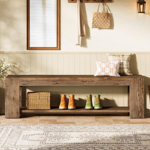 Solid Wood Entryway Bench with Storage Shelf, 55-Inch