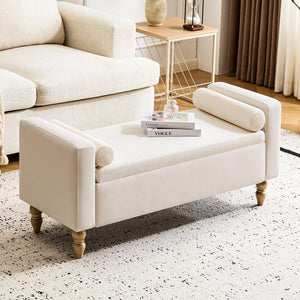 Linen Storage Ottoman Bench with Solid Wood Legs
