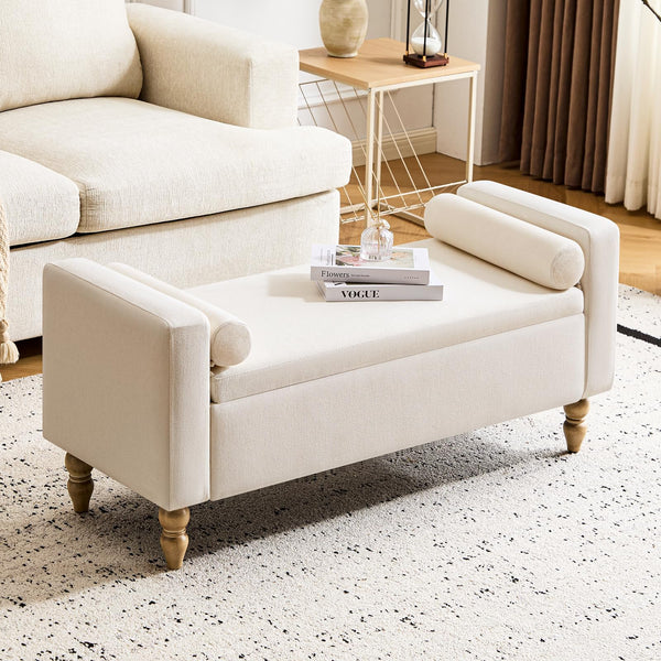 Linen Storage Ottoman Bench with Solid Wood Legs