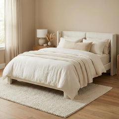 Full Upholstered Boucle Platform Bed Frame with Headboard & USB Ports