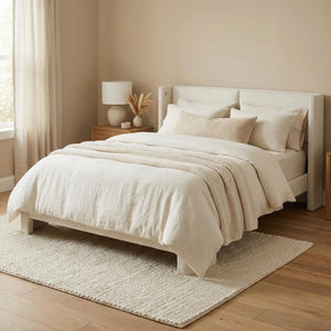 Full Upholstered Boucle Platform Bed Frame with Headboard & USB Ports