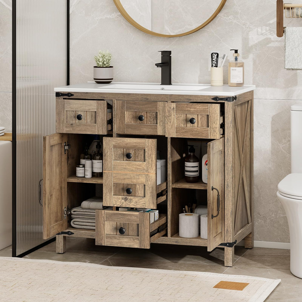 Farmhouse Bathroom Vanity with Sink – Rustic Brown Cabinet, Ceramic Undermount Sink, Faucet & Drain