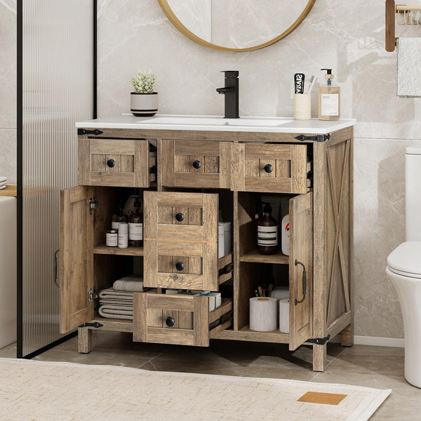 Farmhouse Bathroom Vanity with Sink – Rustic Brown Cabinet, Ceramic Undermount Sink, Faucet & Drain