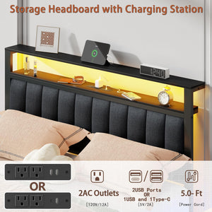 Queen Bed Frame with LED Lights, Charging Station & Storage Drawers