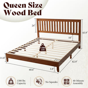 Queen Solid Wood Platform Bed Frame with Vertical Slats Headboard