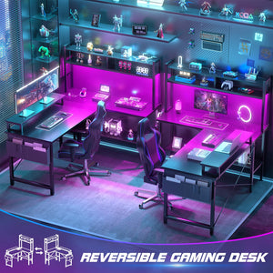 L-Shaped Gaming & Home Office Desk with Power Outlets, LED Lights & Monitor Stand