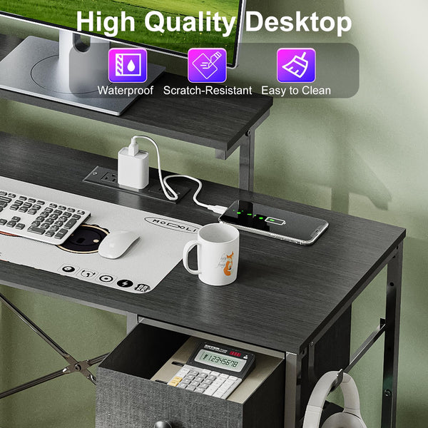 33.5" Gaming Desk with LED Lights, Power Outlets & Monitor Stand