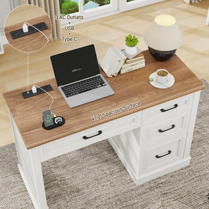 47" Farmhouse Executive Desk with Drawers, File Drawer & Charging Station