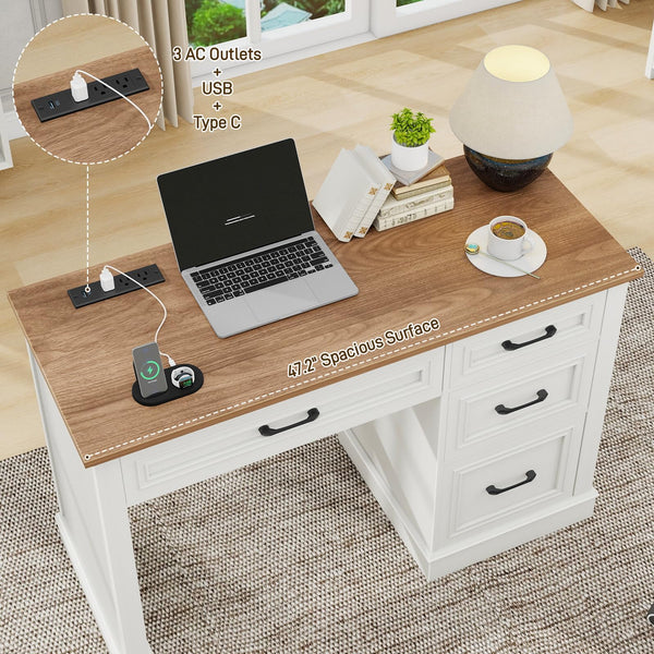 47" Farmhouse Executive Desk with Drawers, File Drawer & Charging Station