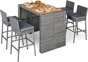 5-Piece Outdoor Wicker Bar Set with Acacia Wood Table & Cushioned Stools